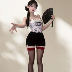 Cute Sweet Gentle Style Erotic Lingerie Chinese Style Hanging Neck Short Skirt Printed High-end Seductive Suit