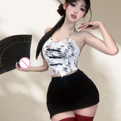 Cute Sweet Gentle Style Erotic Lingerie Chinese Style Hanging Neck Short Skirt Printed High-end Seductive Suit
