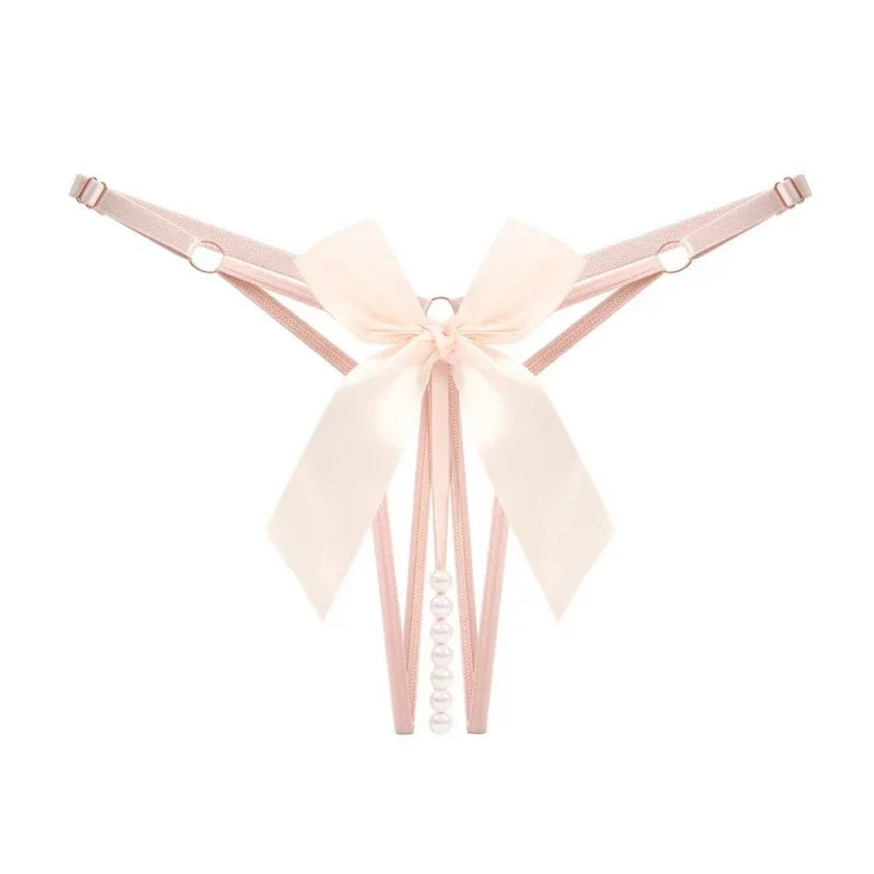 Cute Sweet Pearl Bow Style  Bikini Panties Comfortable Underwear Hollowed Out Adjustable Plus Size Thong