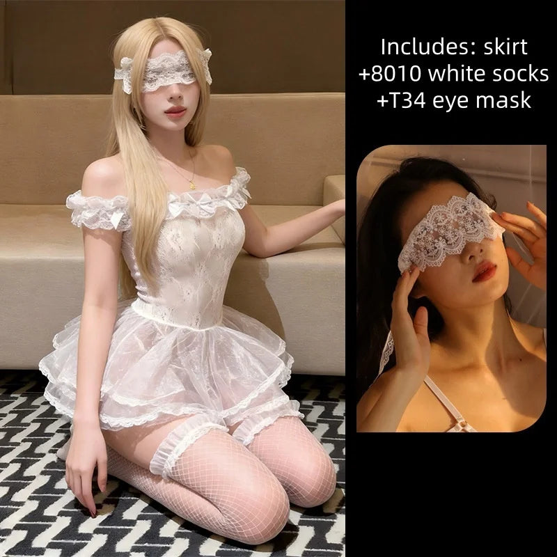 Cute Thin Version Summer Flirtatious Perspective Seductive Strapless Mesh Suit Fun One Shoulder Erotic Lingerie Mesh Skirt