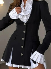 Altair Contrast Ruffled Shirt Patchwork Button Pleated Blazer Mini Dress