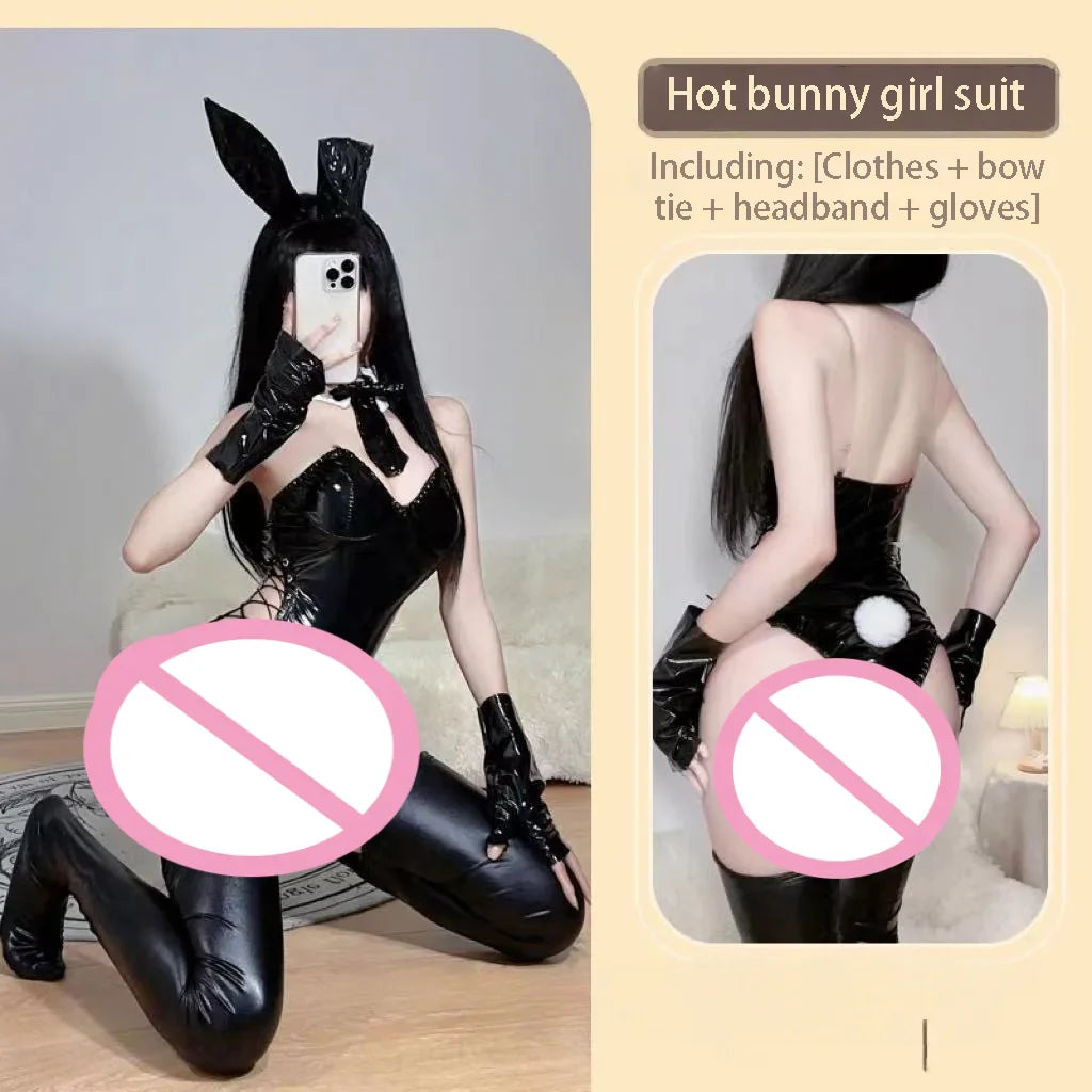 Dark and Bunny Girl Savage Outfit Small-breasted Queen Nightclub Uniform Patent Leather Clothing Erotic Lingerie