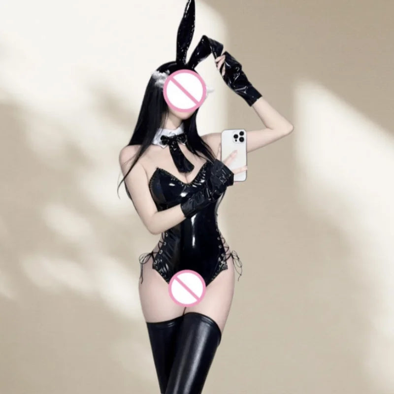 Dark and Bunny Girl Savage Outfit Small-breasted Queen Nightclub Uniform Patent Leather Clothing Erotic Lingerie