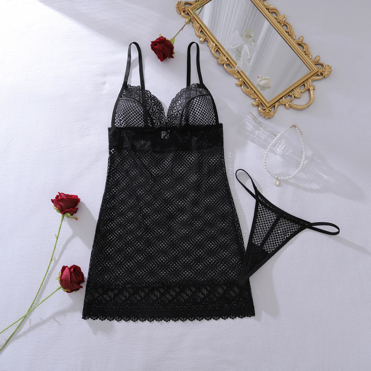 Deep V Low cut Perspective Lace Hollow Mesh Body Shaping Bag Hip Dress Two Piece Set