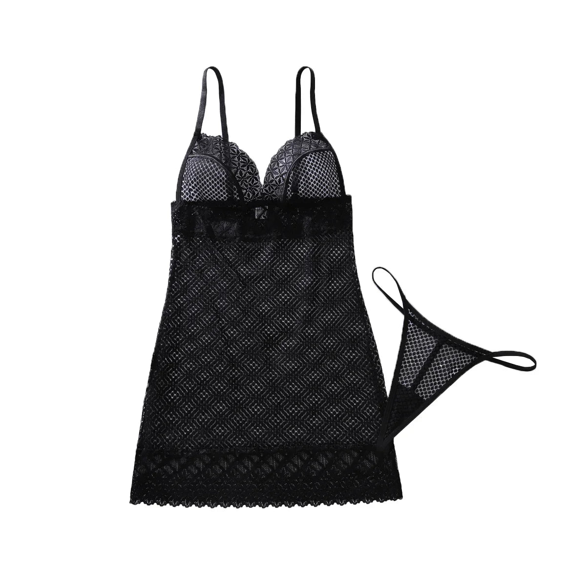 Deep V Low cut Perspective Lace Hollow Mesh Body Shaping Bag Hip Dress Two Piece Set