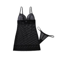 Deep V Low cut Perspective Lace Hollow Mesh Body Shaping Bag Hip Dress Two Piece Set