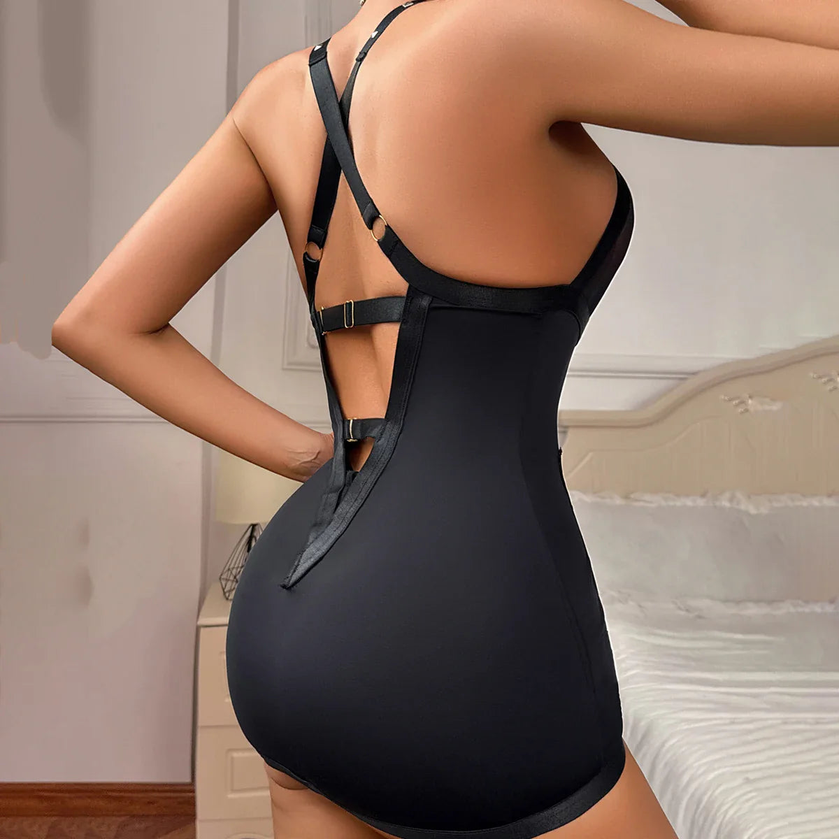 Design cross V-neck hollow out lingerie with metal rivets decoration, spicy girl hanging neck, shaping body, bag skirt