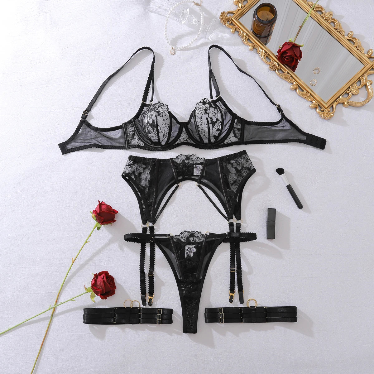 Embroidery see-through mesh flowers, backless, gathered, slimming and shaping lingerie, fashionable shaping stitching four-