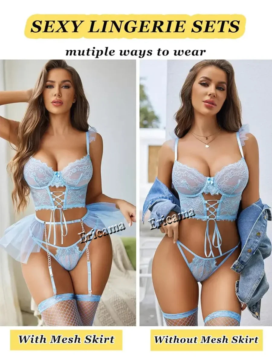 Erotic Lingerie Set Bow Decor Strappy Hollow Out Intimates Bra & Thong & Belt Lingerie Erotic