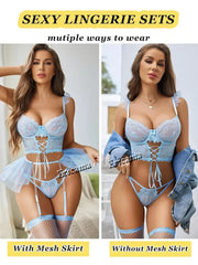 Erotic Lingerie Set Bow Decor Strappy Hollow Out Intimates Bra & Thong & Belt Lingerie Erotic
