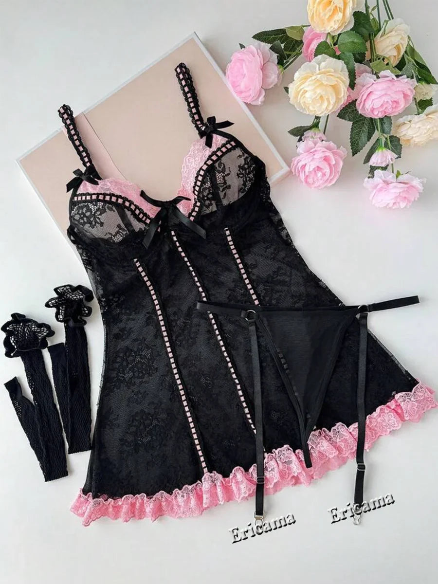Erotic Lingerie Set Lace Transparent Lingerie See Through Black Tights Fitness Sissy Crotchless Erotic Body