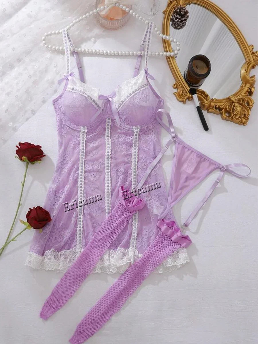 Erotic Lingerie Set Lace Transparent Lingerie See Through Black Tights Fitness Sissy Crotchless Erotic Body