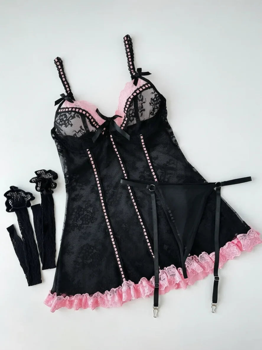 Erotic Lingerie Set Lace Transparent Lingerie See Through Black Tights Fitness Sissy Crotchless Erotic Body