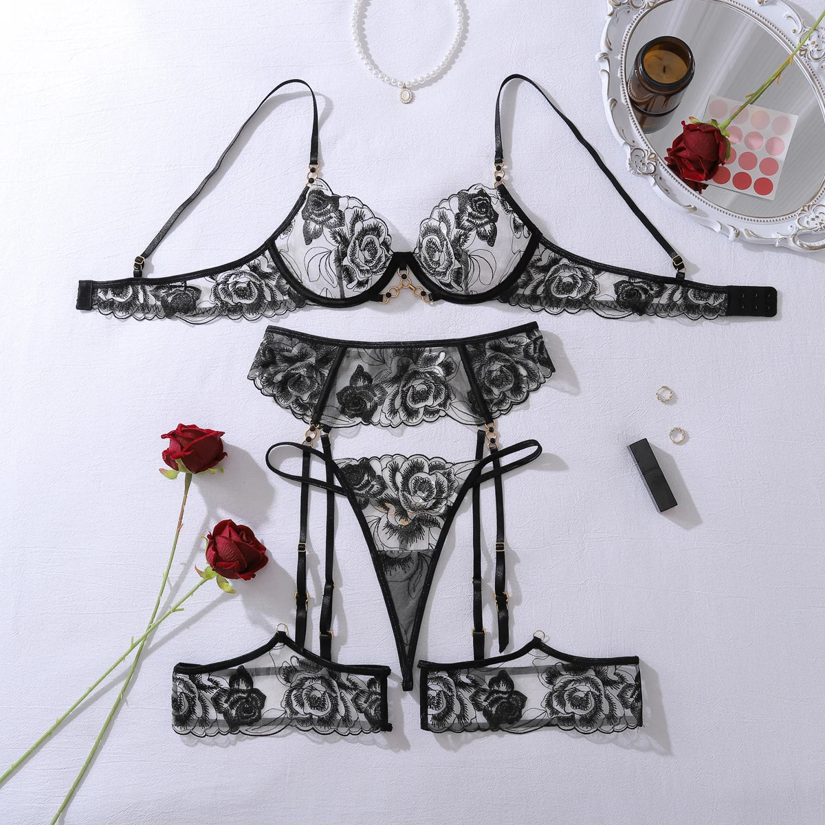 European And American Style Perspective Super Underwear Full Set Of Lace Luxurious Four Piece Set