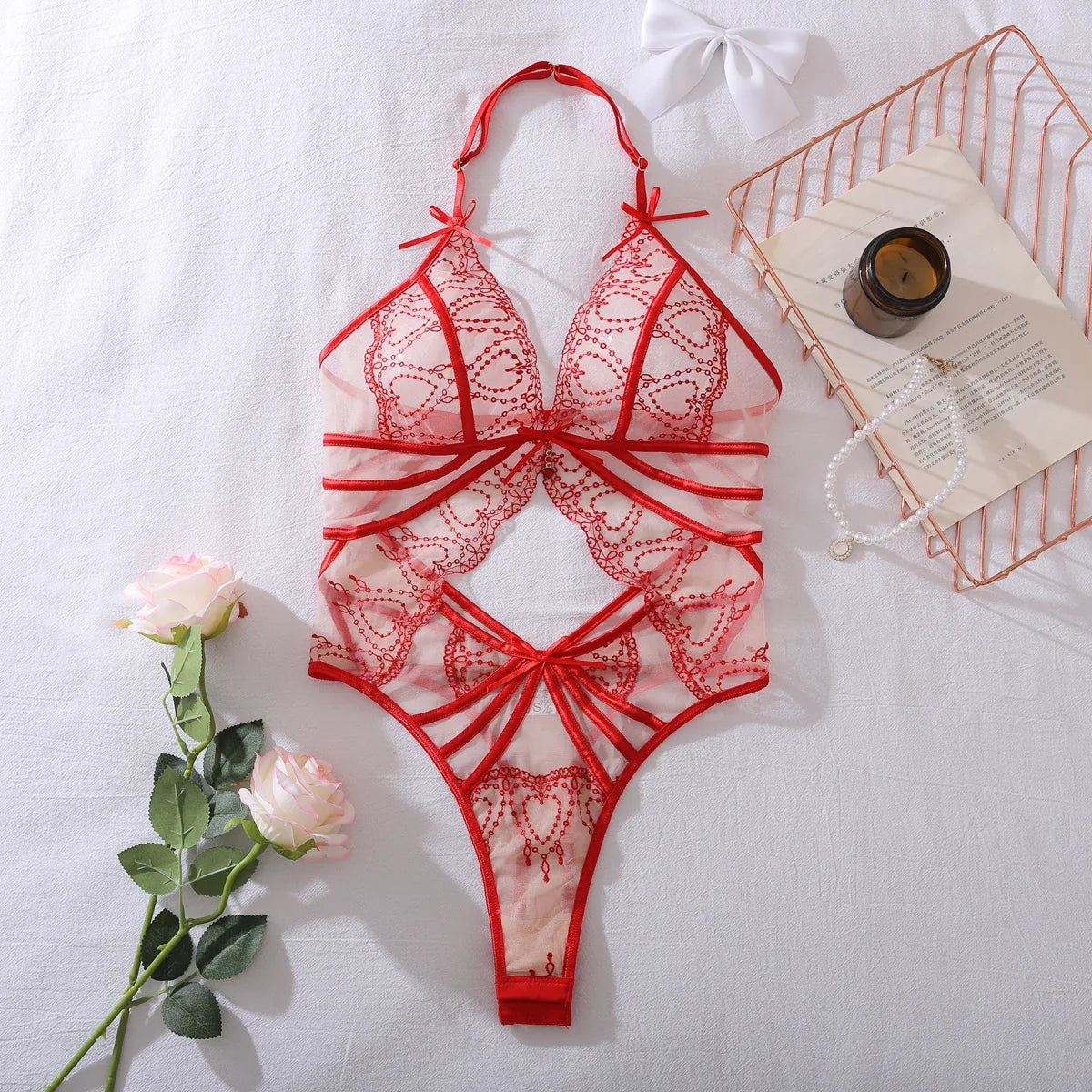 European and American 2025 bow decoration contrasting color heart embroidery hollow hanging neck jumpsuit