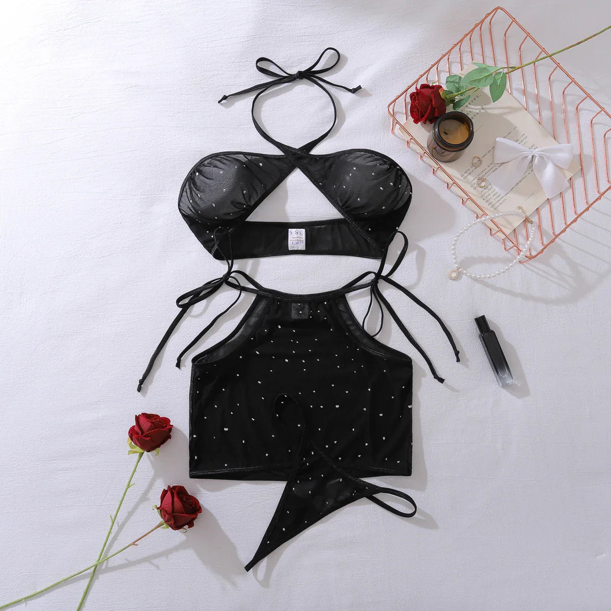 European and American 2025 starlight embellishment black perspective cross hanging neck tie three-point set