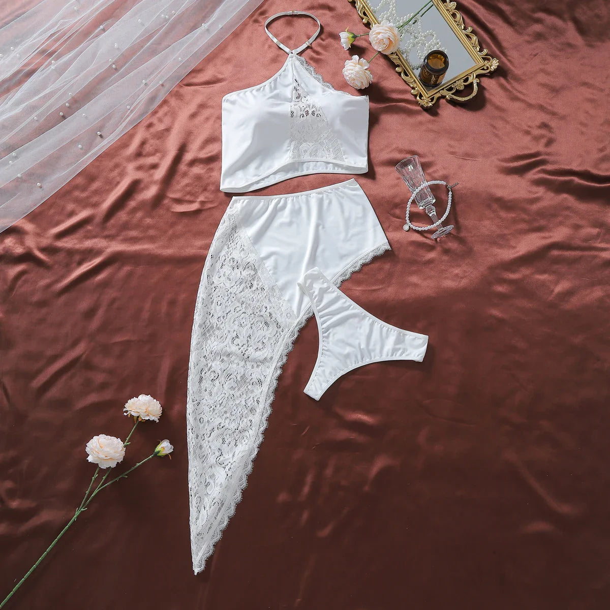 European and American 2026 French style neck hanging strap irregular skirt patchwork lace shaping underwear split set