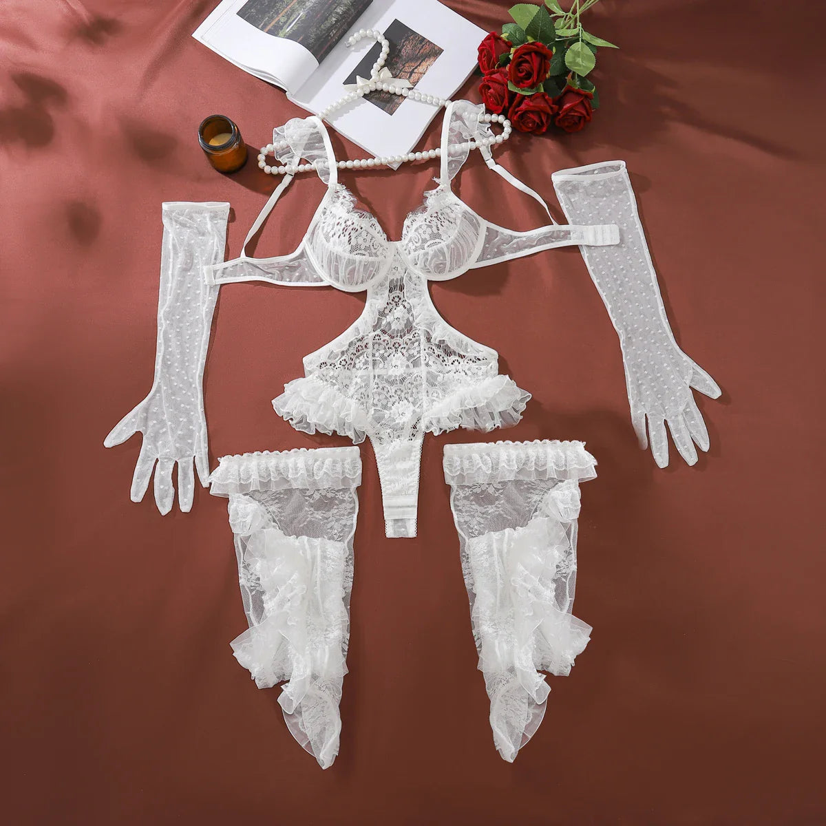 European and American 2026 Lace Underwear Three Piece Set Pure Desire Temptation Mesh Perspective Splicing Lace Fun jumpsui