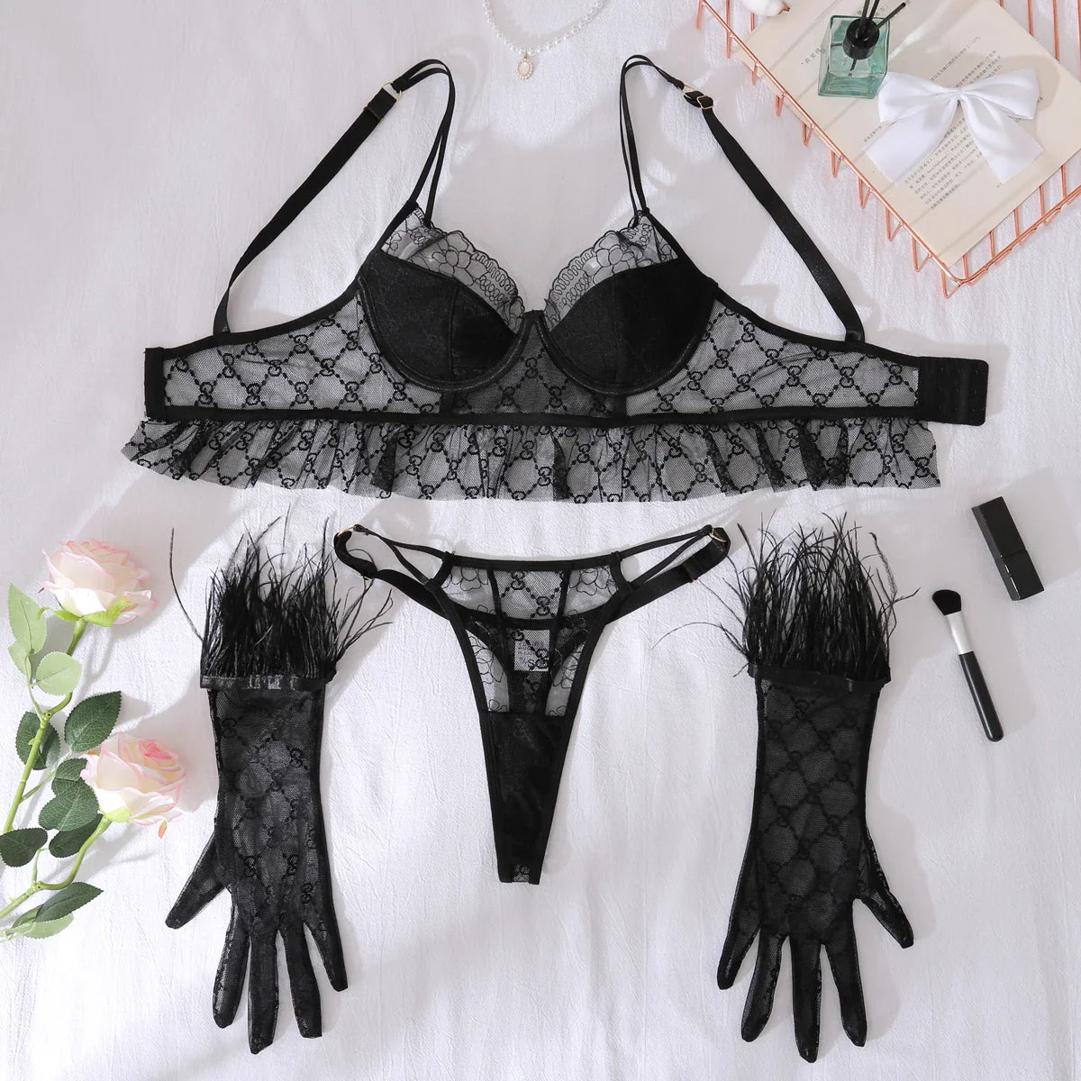 European and American Black Gathering Perspective Lace Lace Noble Slimming Matching Feather Glove Three Piece Set
