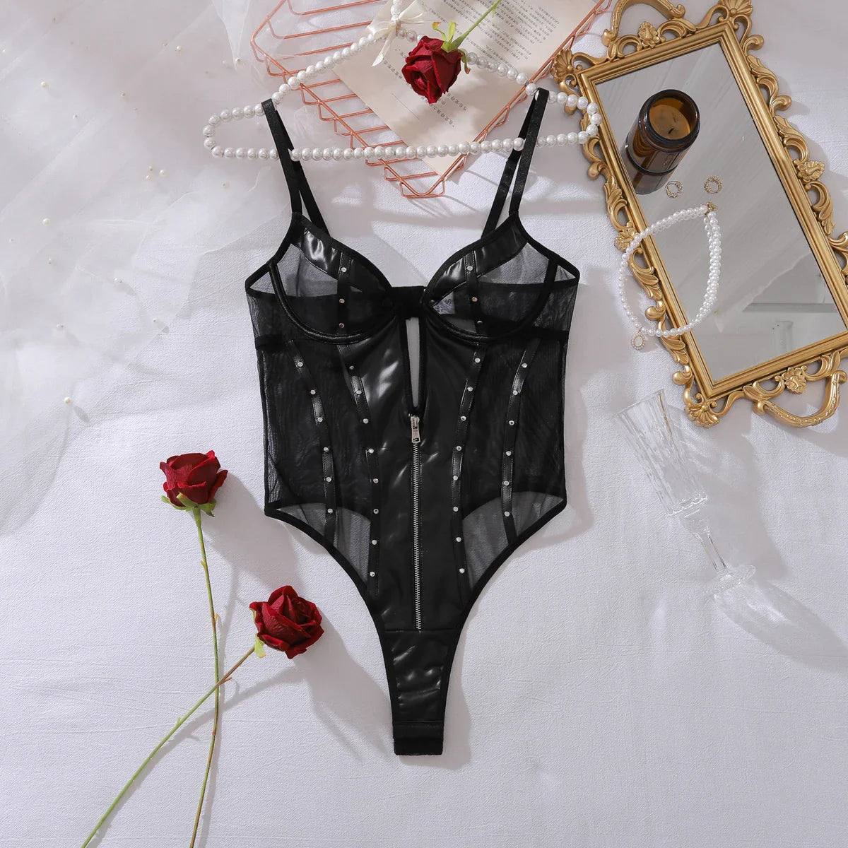 European and American Midnight Temptation Girl Perspective Mesh Splicing PU Leather Rivet Shaped jumpsuit
