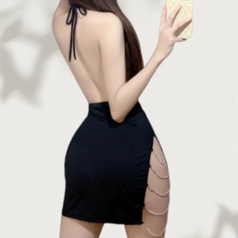 European and American Camisole Erotic Lingerie Pure Desire Side Opening Deep V Tight Skirt Secretary Suit Uniform