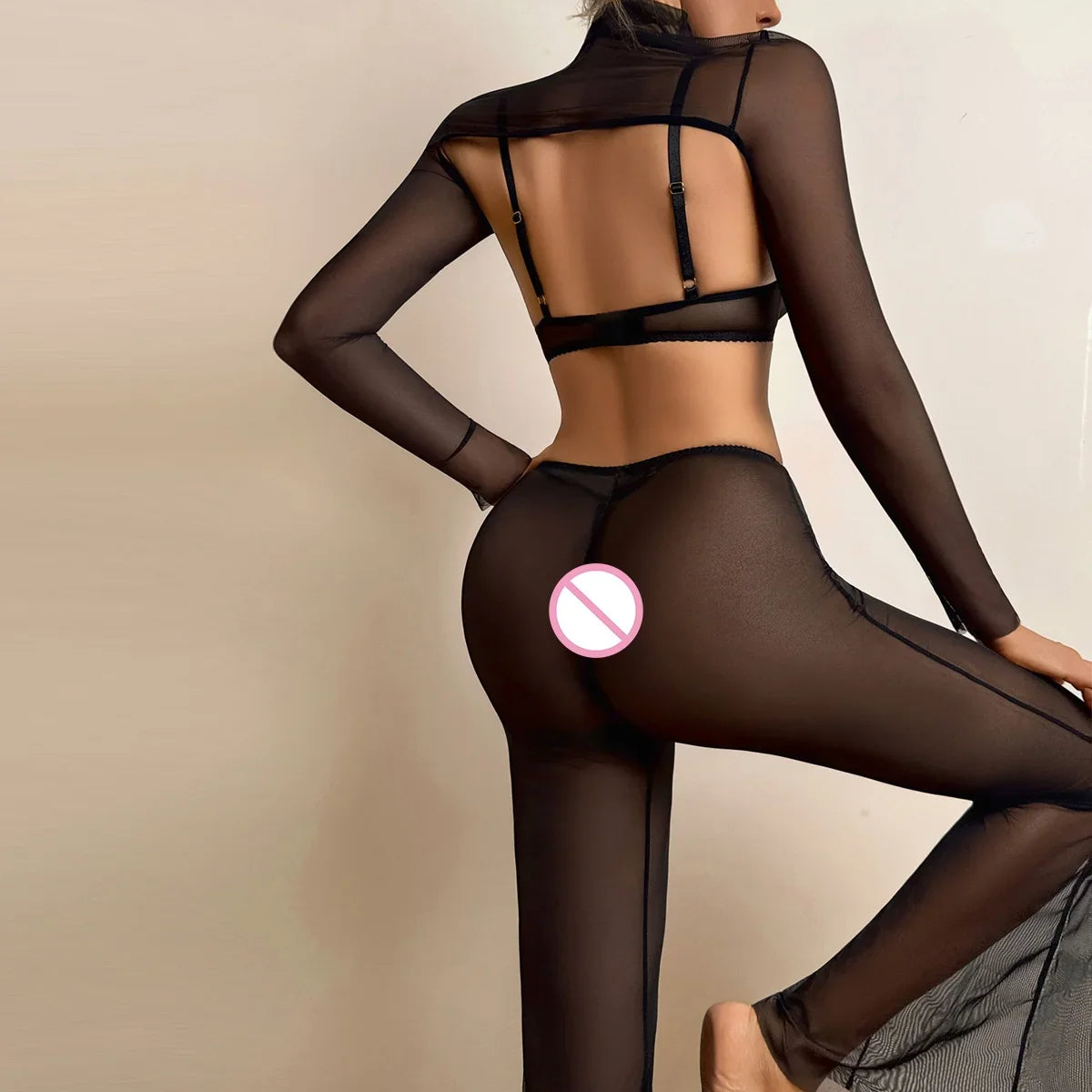 European and American cross-border 2025 popular comfortable mesh high-necked waist-baring long-sleeved thin and transparent casu