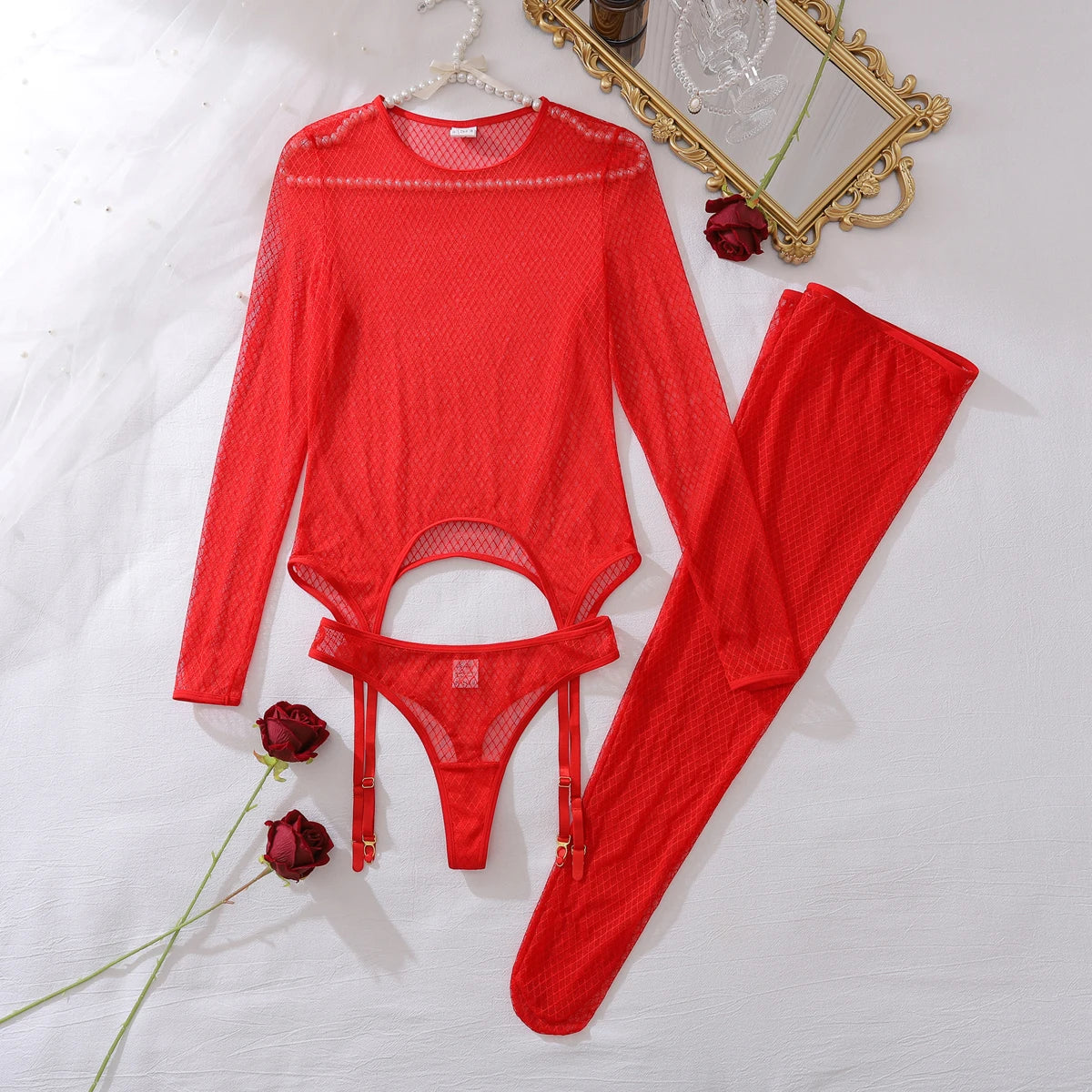 European and American cross-border perspective fishing net slim-fitting hollow-out long-sleeved adjustable thin underwear s