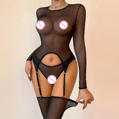 European and American cross-border perspective fishing net slim-fitting hollow-out long-sleeved adjustable thin underwear s