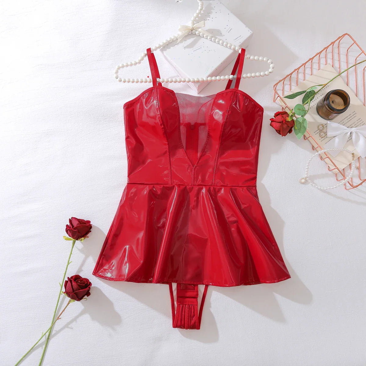 European and American spicy girl red patent leather jumpsuit shaping suspender skirt party performance outfit