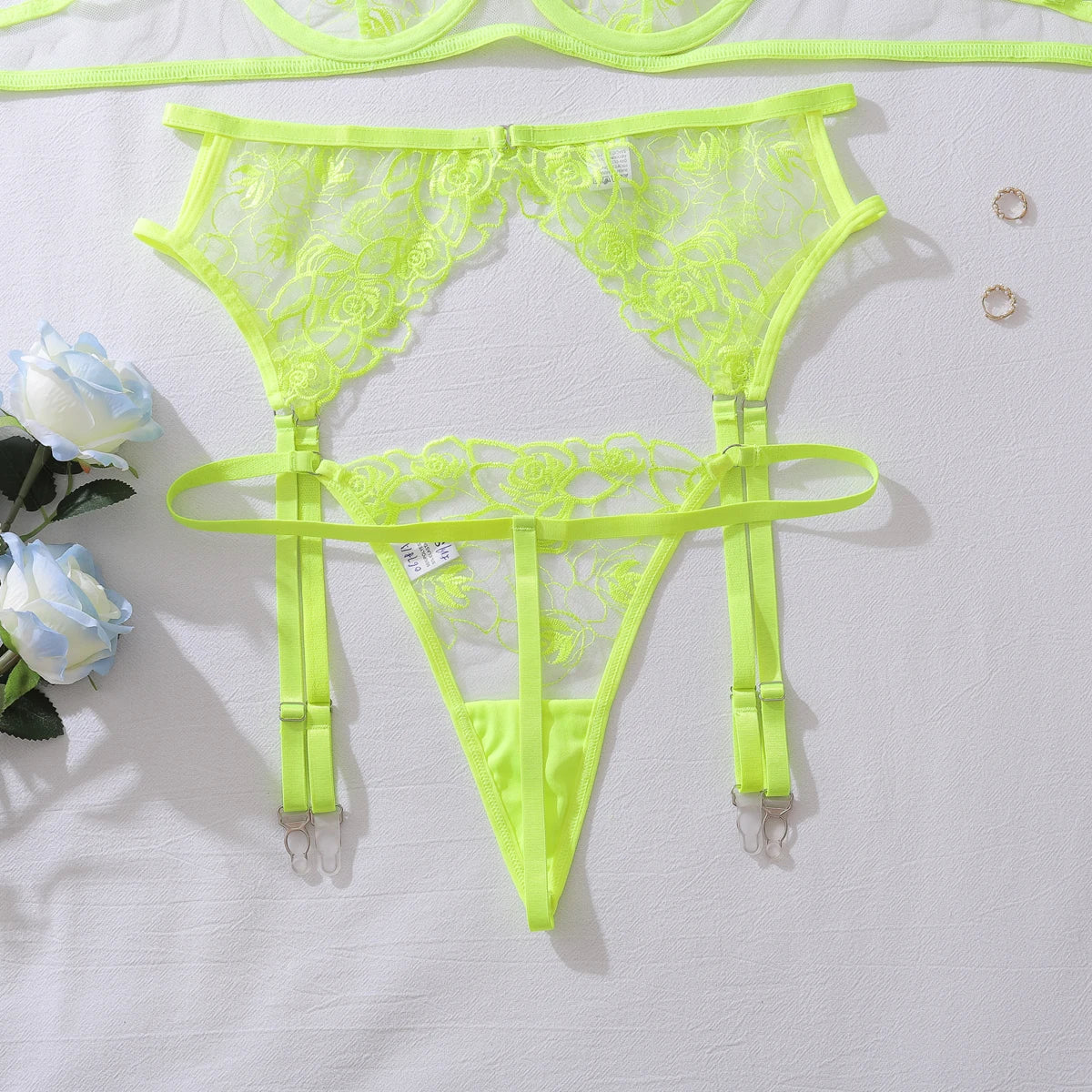 European and American perspective embroidery mesh heavy craftsmanship fluorescent green shaping lingerie set