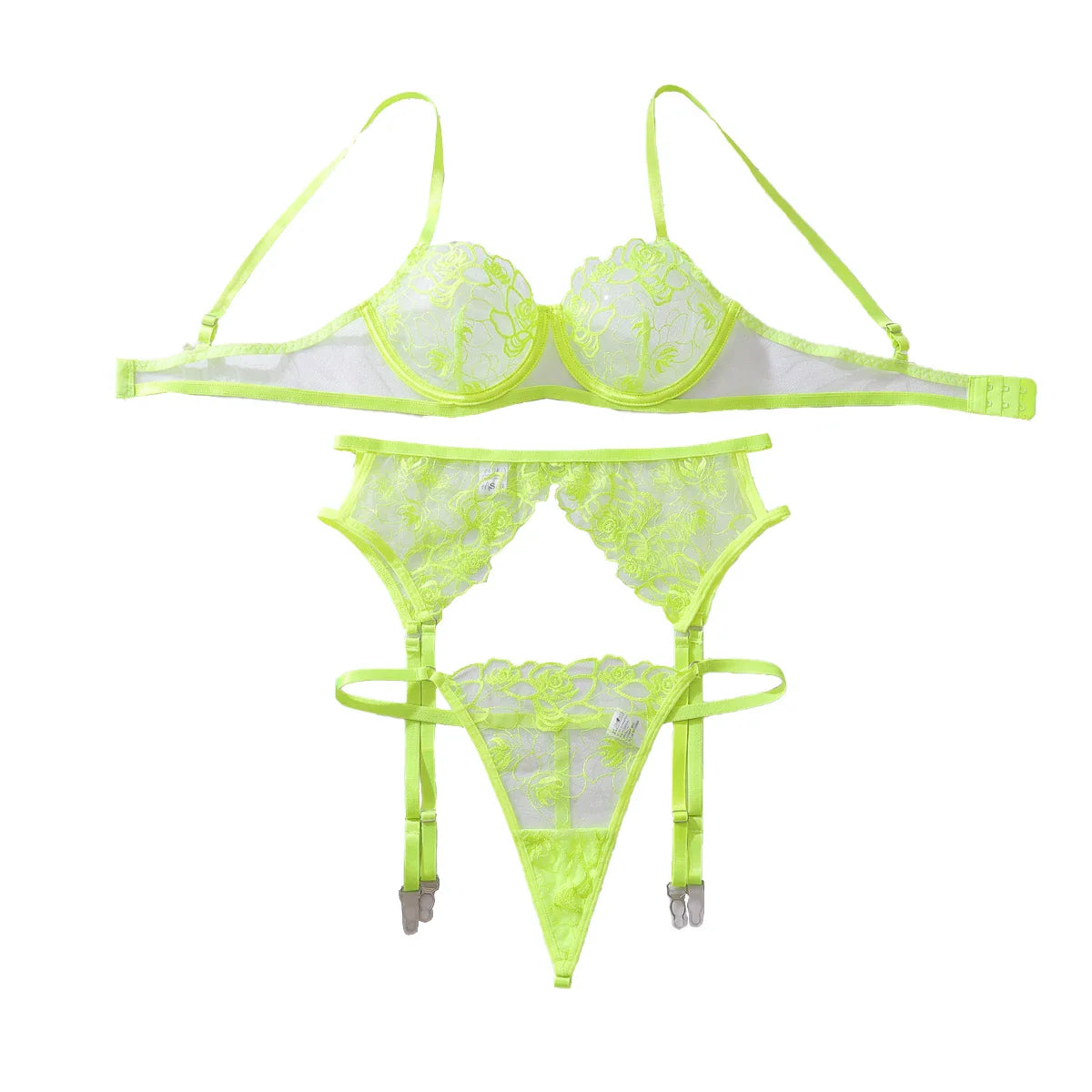 European and American perspective embroidery mesh heavy craftsmanship fluorescent green shaping lingerie set