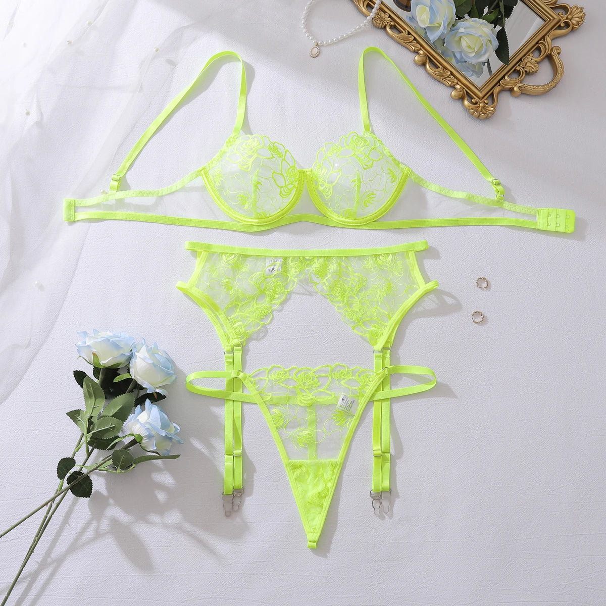 European and American perspective embroidery mesh heavy craftsmanship fluorescent green shaping lingerie set