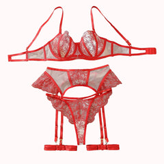 European and American perspective red lace bra shaping body hollow out beautiful back gathering fun four piece set