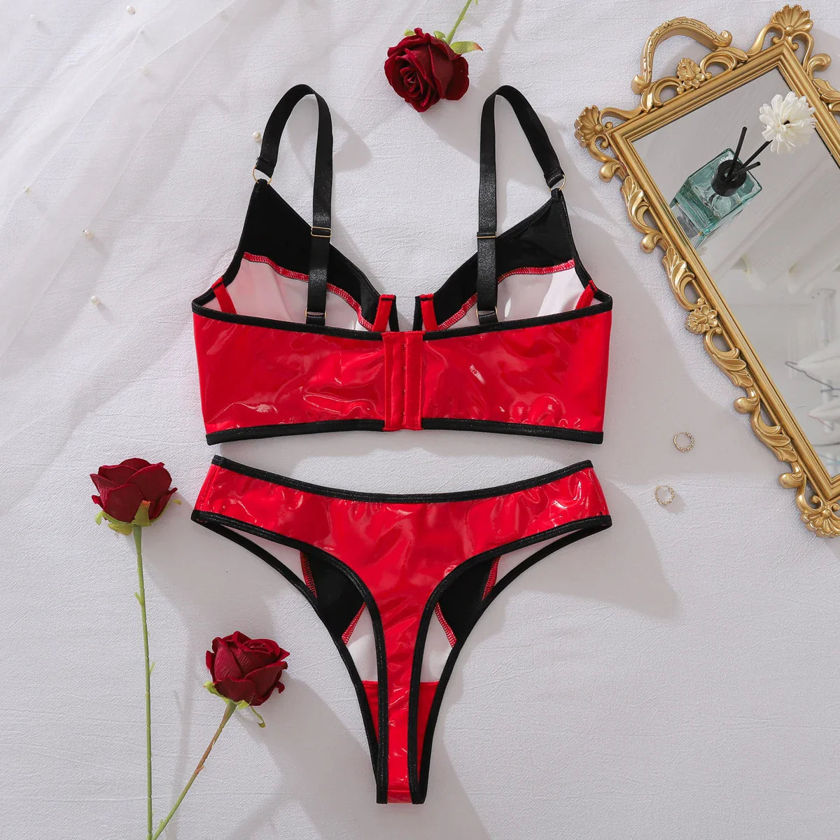 European and American spicy girl comfortable contrasting PU leather slim fit shaping lingerie two-piece set