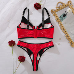 European and American spicy girl comfortable contrasting PU leather slim fit shaping lingerie two-piece set