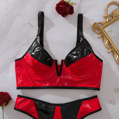 European and American spicy girl comfortable contrasting PU leather slim fit shaping lingerie two-piece set