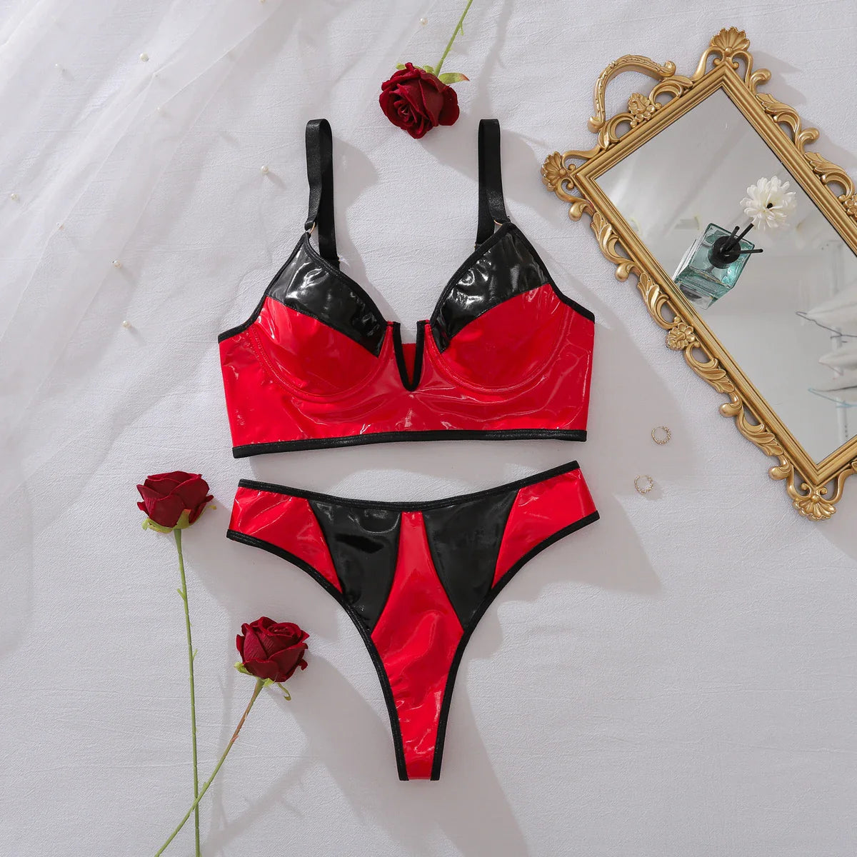 European and American spicy girl comfortable contrasting PU leather slim fit shaping lingerie two-piece set