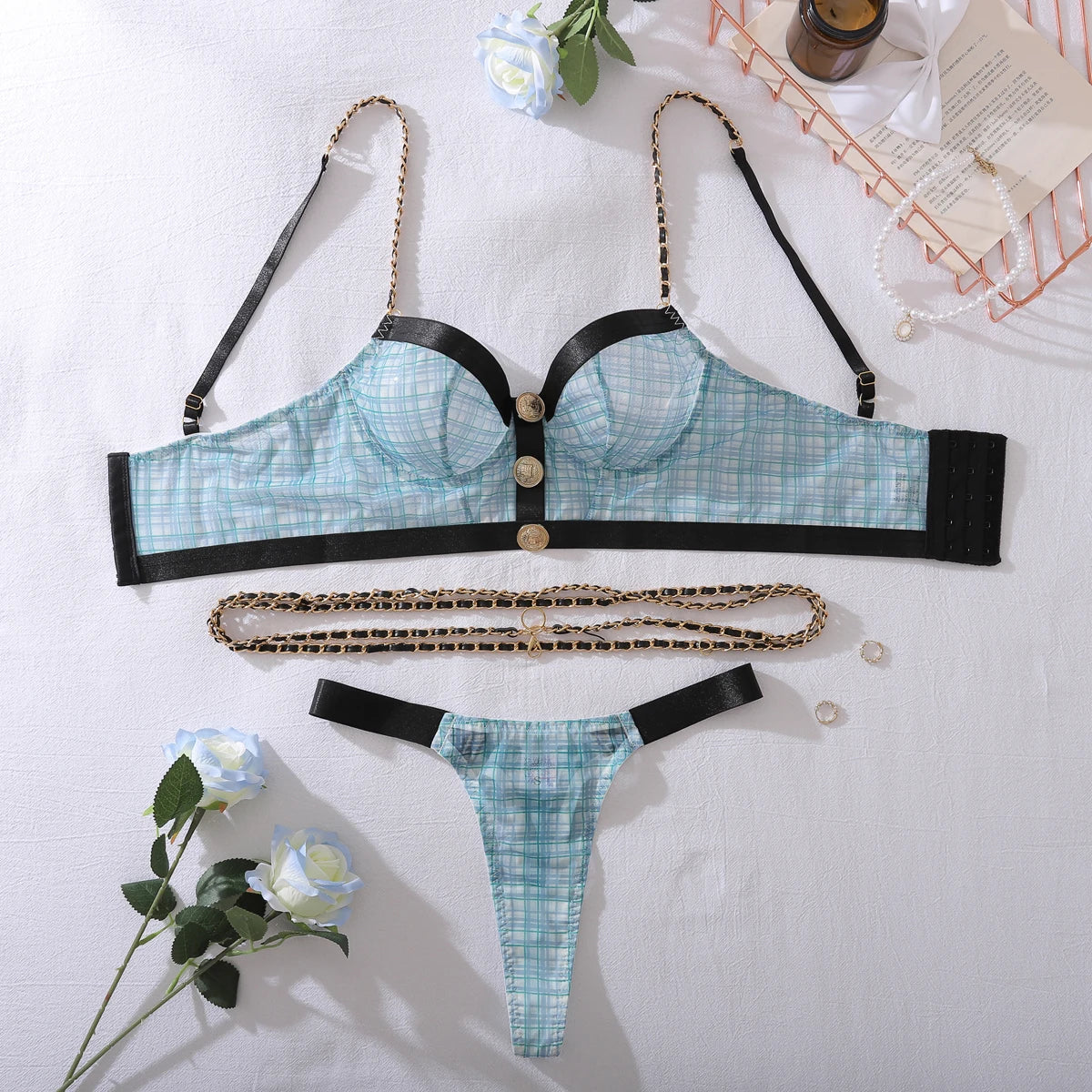 European and American spicy girl metal craft chain retro grid contrasting color gathering lingerie set two-piece set