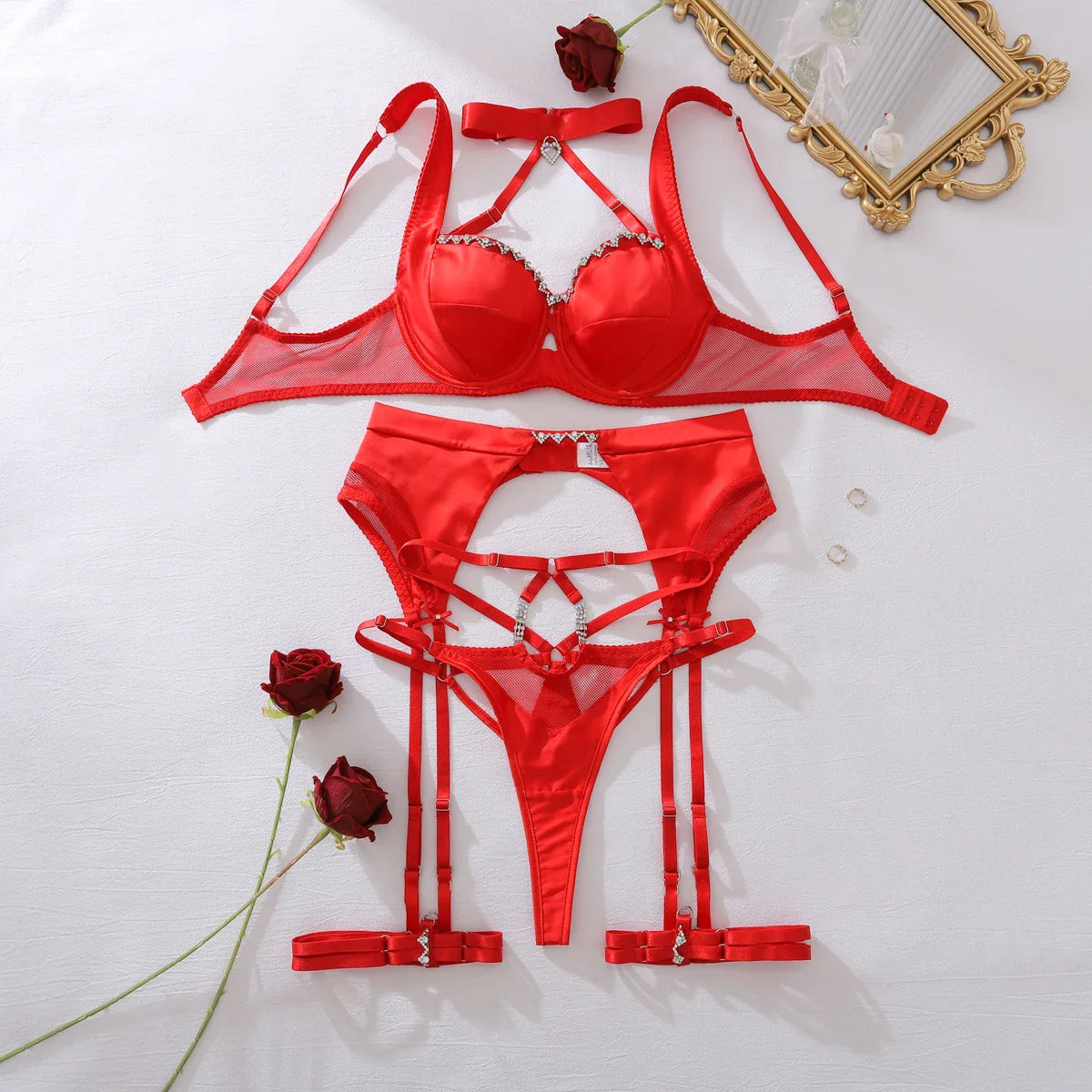 European and American style red 2026 sparkling diamond accessory hanging neck hollow shaping lingerie four piece set