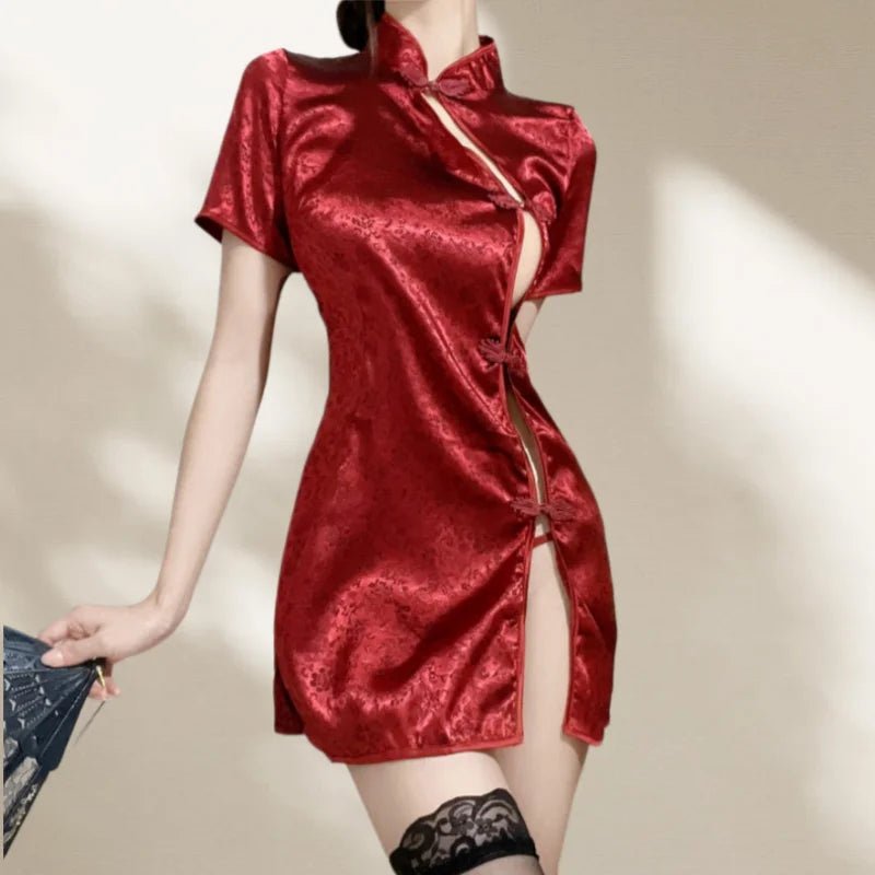 Exposed Collarbone Slit Flirtatious Retro Lingerie Passionate Cheongsam Uniform Seductive and Outfit Sleepwear