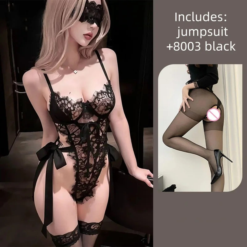 Exposed Flirtatious Self-cultivation Slit Backless Sleeveless Lace See Through Tie Up Jumpsuit Erotic Lingerie