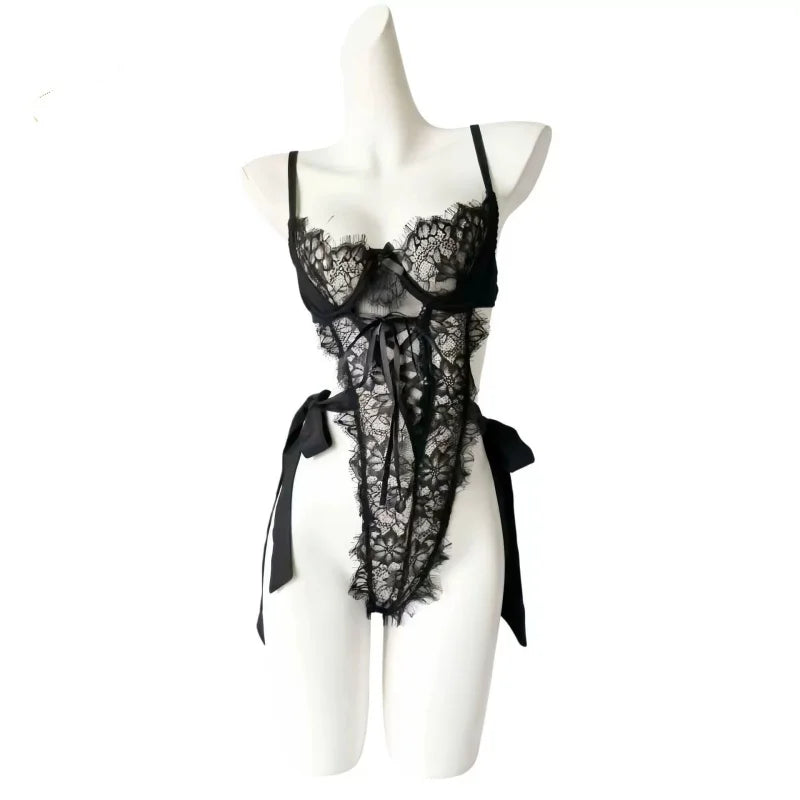 Exposed Flirtatious Self-cultivation Slit Backless Sleeveless Lace See Through Tie Up Jumpsuit Erotic Lingerie