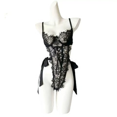 Exposed Flirtatious Self-cultivation Slit Backless Sleeveless Lace See Through Tie Up Jumpsuit Erotic Lingerie