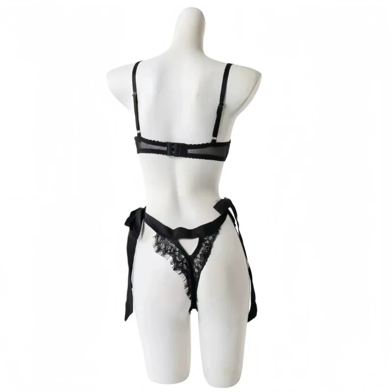 Exposed Flirtatious Self-cultivation Slit Backless Sleeveless Lace See Through Tie Up Jumpsuit Erotic Lingerie