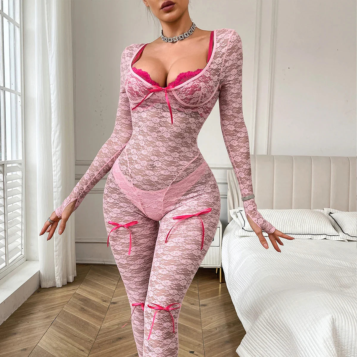 Fashionable Pure Desire Girl Three Piece Tight Package Hip Pink Long Sleeve Long Pants Lace jumpsuit Set