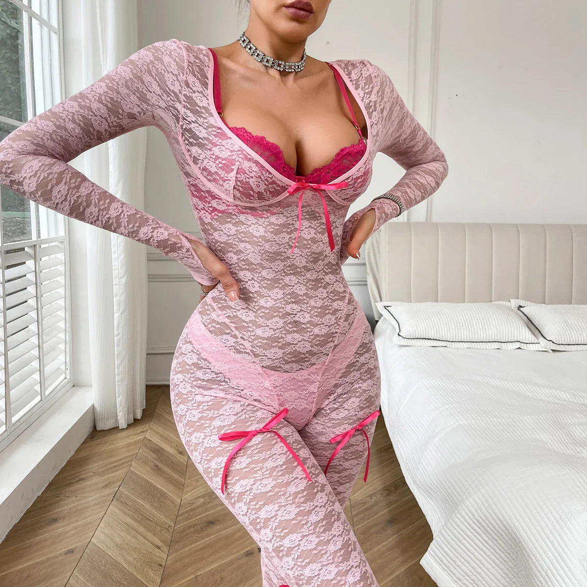 Fashionable Pure Desire Girl Three Piece Tight Package Hip Pink Long Sleeve Long Pants Lace jumpsuit Set