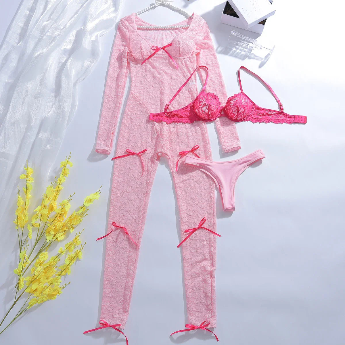 Fashionable Pure Desire Girl Three Piece Tight Package Hip Pink Long Sleeve Long Pants Lace jumpsuit Set