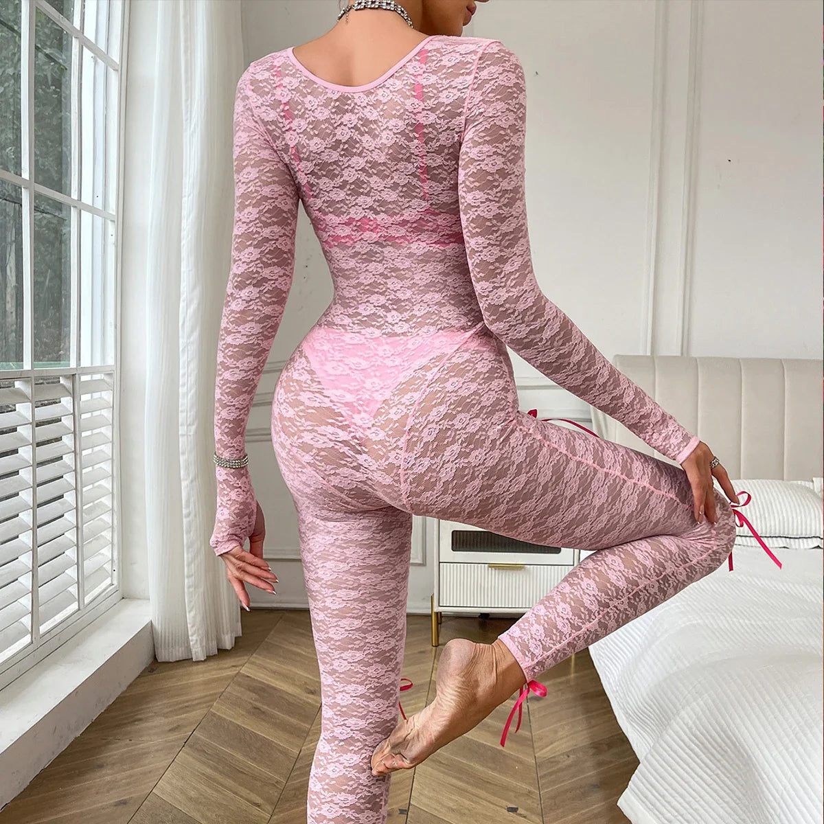 Fashionable Pure Desire Girl Three Piece Tight Package Hip Pink Long Sleeve Long Pants Lace jumpsuit Set