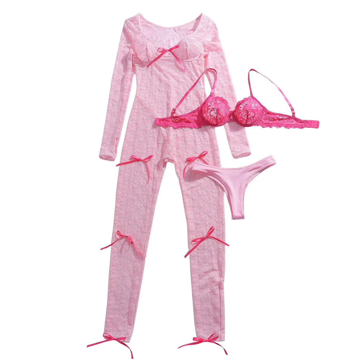Fashionable Pure Desire Girl Three Piece Tight Package Hip Pink Long Sleeve Long Pants Lace jumpsuit Set