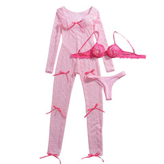Fashionable Pure Desire Girl Three Piece Tight Package Hip Pink Long Sleeve Long Pants Lace jumpsuit Set